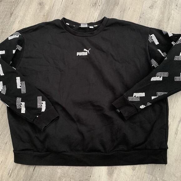Puma SE Way 1 Sweatshirt Womens XL All Over Logo Pullover Black White Crop Crew - Picture 7 of 7